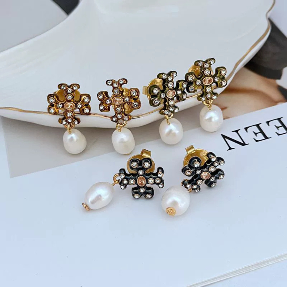 Tory Burch Enamel Drip Crystal Freshwater Pearl Drop Earrings